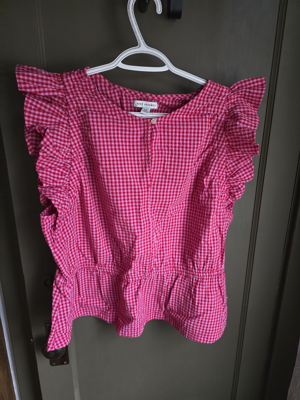 Pink And Red Womens Gingham Ruffle Sleeve Top.  Xxl
